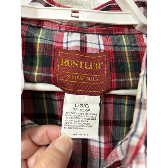 Rustler Shirt Mens Large Red Green Plaid Western Pearl Snap X-Long Tails - Picture 4 of 6